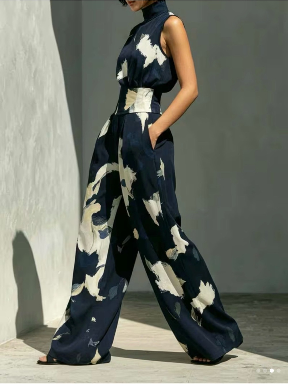 Floral Wide-Leg Jumpsuit in Navy and Cream - Picture 4 of 5